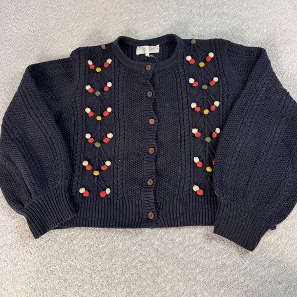 The GREAT The Frond Pom Pom Embellished Knit Cardigan Sweater Midnight Blue 2/M - Picture 4 of 12